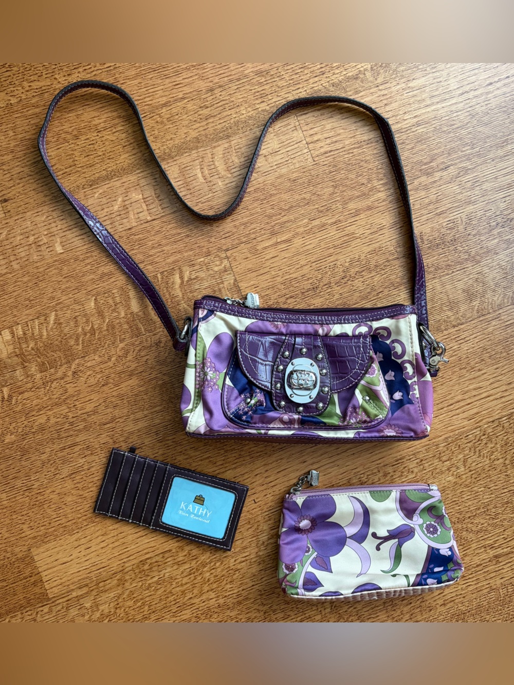 Vtg Kathy Van Zeeland Purple Paisley Floral 3pc Crossbody Bag Wallet Set Y2K
